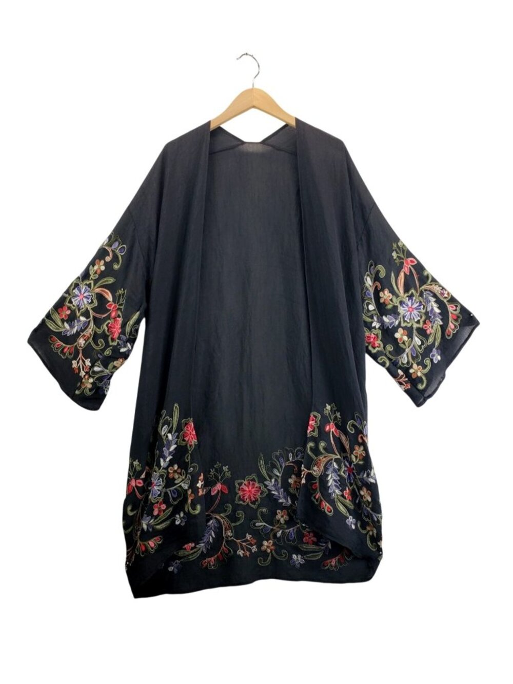 Kimono Black Semi Sheer Floral Embroidery OS Boho Gypsey Festival Cover-Up Wrap